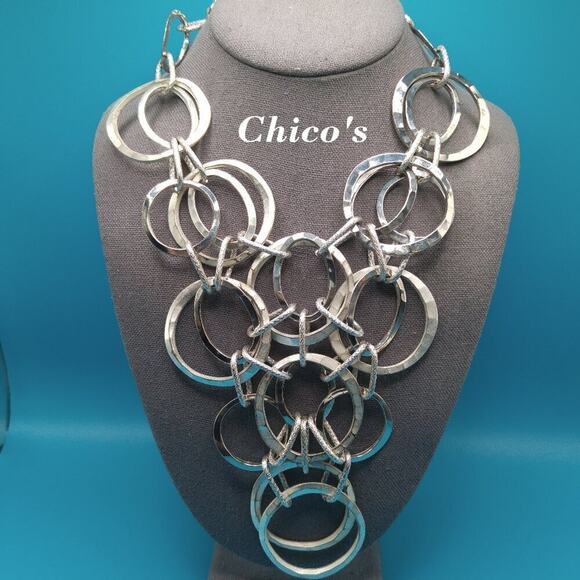 Chico's Hammered Loop Bib Necklace, Silver Tone, 21 Inches - Picture 1 of 8